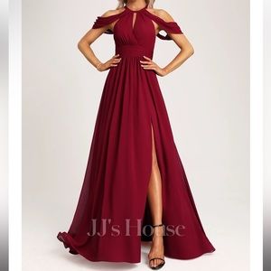 JJ’s House A-line Halter Floor-Length Chiffon Bridesmaid Dress Burgundy 14-16